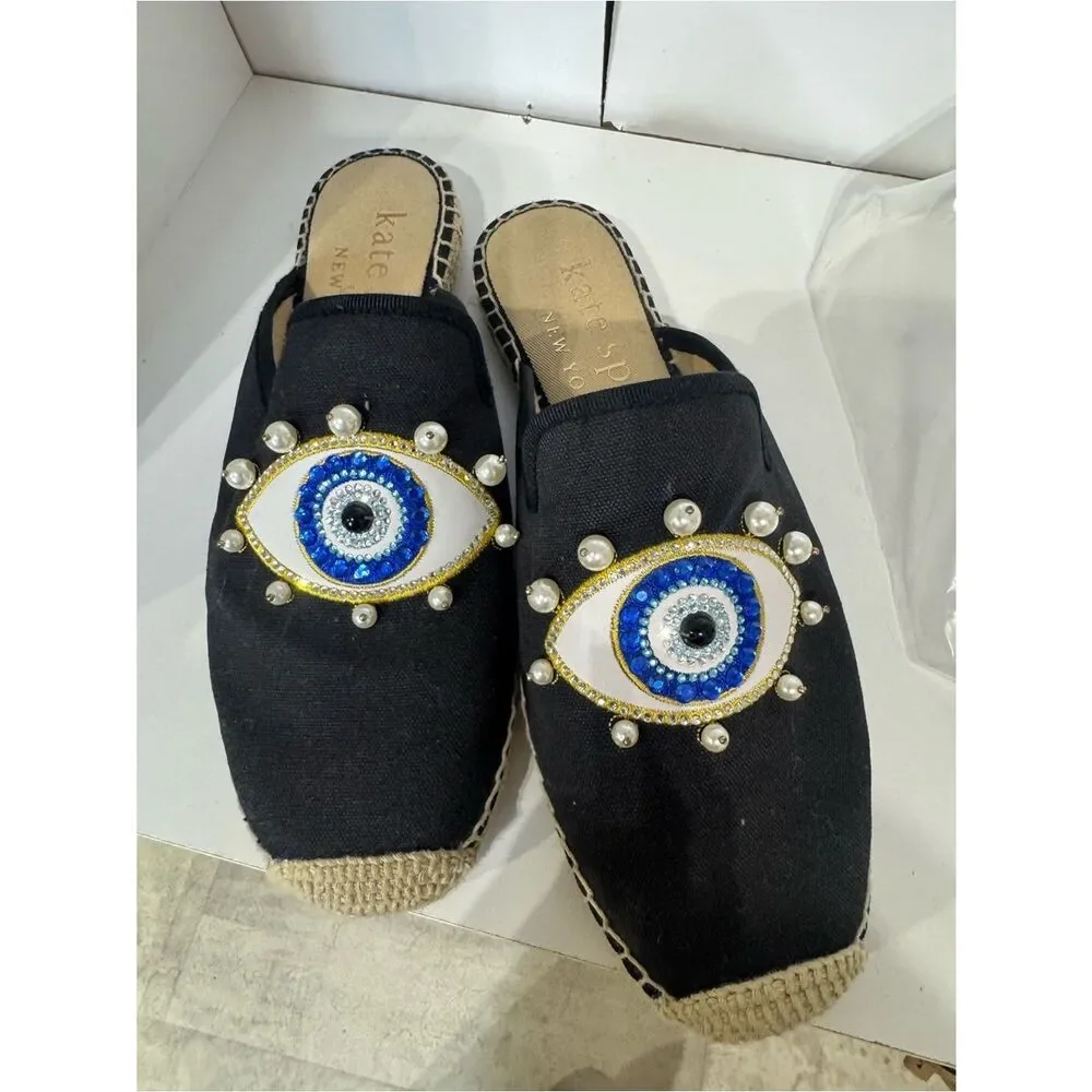 kate spade Black Canvas Evil Eye Pearl-Embellished Espadrille Mules